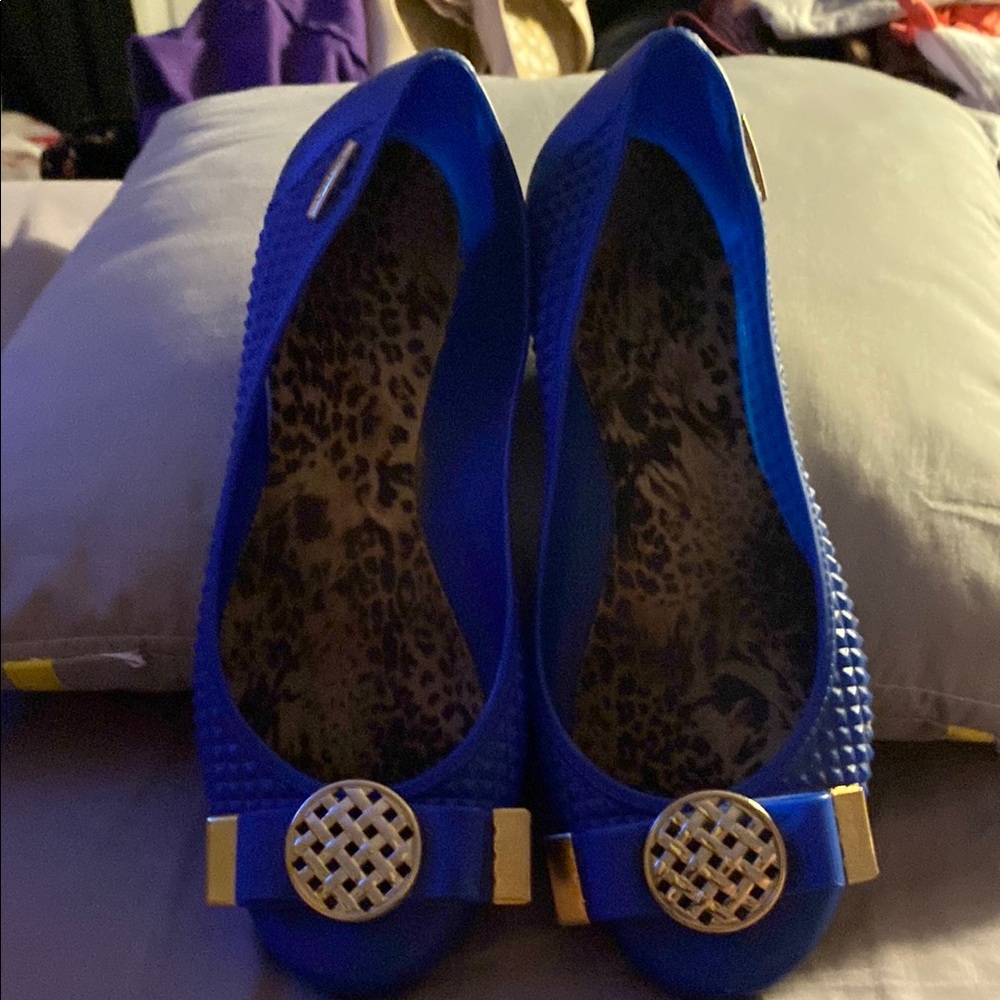 Blue and Gold Ballet Flats with Decorative Ornament